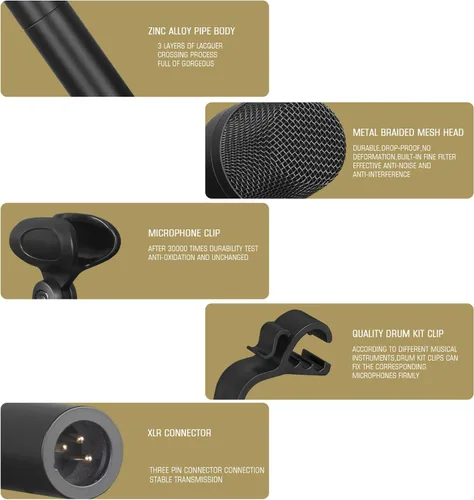 Vista 4 de Kit de micrófono de batería de 7 piezas con funda de transporte, juego de micrófonos dinámicos de batería con cable de metal completo para Kick