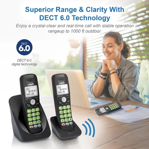 Vista 3 de VTech Teléfono inalámbrico de 2 teléfonos con DECT 6.0, altavoz dúplex completo, pantalla iluminada, teclado retroiluminado, identificación de Negro