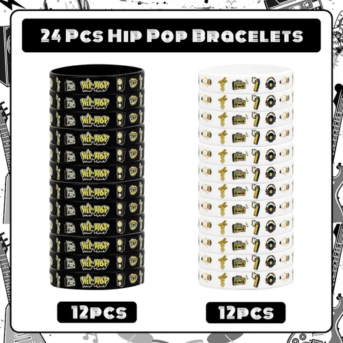 Vista 2 de Serencatcher 24 pulseras de silicona de hip hop, notorias pulseras de recuerdo de fiesta, color negro y dorado para los años 80, 90, hip hop, rock