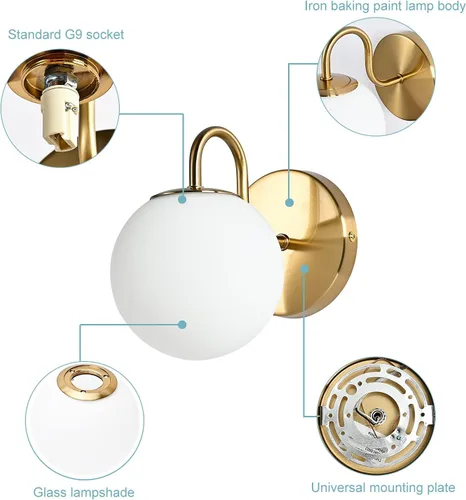 Vista 6 de Moderno aplique de pared para dormitorio, latón cepillado, lámpara de pared interior de globo blanco leche, lámpara de pared de vidrio para baño