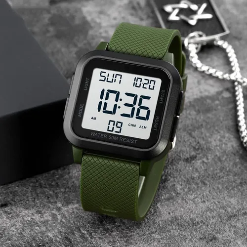 Vista 7 de Reloj digital deportivo para hombre, resistente al agua, con retroiluminación LED, alarma, temporizador de cuenta regresiva, doble hora, cronómetro