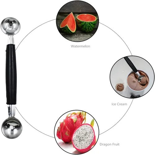 Vista 2 de Paquete de 2 cucharas de bola de helado de frutas de doble extremo, bola de melón de acero inoxidable, bolas de melón redondas lisas para sandía