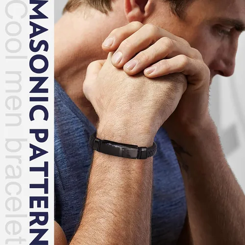 Vista 4 de Bandmax Pulsera trenzada de cuero negro con colgante de martillo de Thor, calavera, dije masónico, pulsera de cuerda de cera con hebilla ajustable