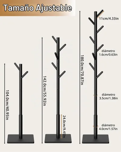 Vista 6 de Yawinhe - Perchero de madera independiente, árbol de pasillo con 8 ganchos, color negro