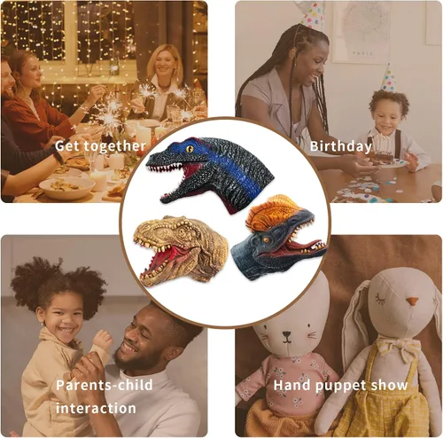 Vista 7 de Yolococa Marionetas de mano de dinosaurio, juego de marionetas de animales de látex de 3 piezas con T Rex, velociraptor y dilophosaurus para contar