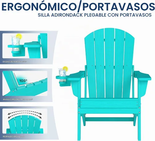 Vista 5 de Silla Adirondack plegable HDPE con portavasos, Aruba Arubablue