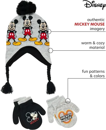 Vista 2 de Disney Conjunto de sombrero de invierno de Mickey Mouse y 2 pares de guantes o guantes edad 2-7