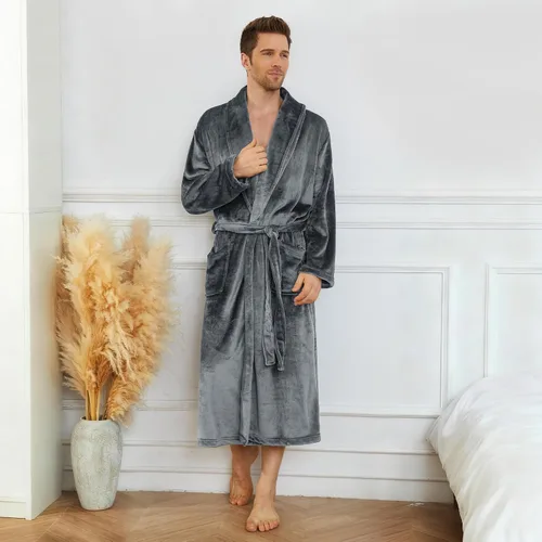 Vista 4 de U2SKIIN Albornoz de forro polar para hombre con cuello de felpa