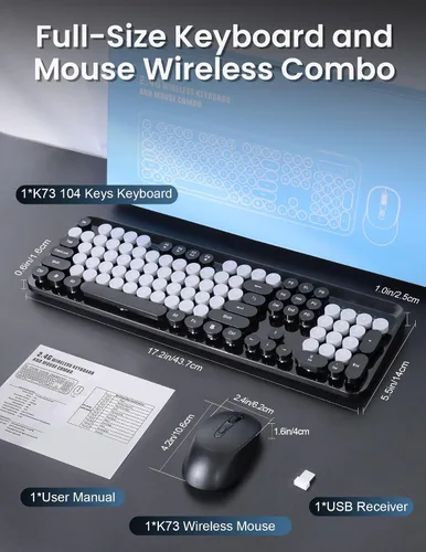 Vista 7 de Combo de teclado y mouse inalámbricos, 104 teclas redondas, teclado y mouse coloridos de tamaño completo con receptor USB de 2.4 GHz