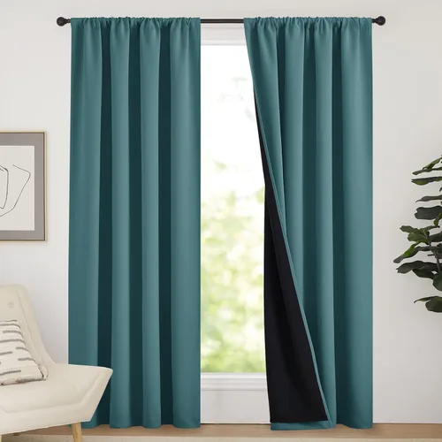 Vista 122 de NICETOWN Biscotti Beige 100% Cortinas opacas de 45" de largo para cocina, bolsillo con varilla para sótano completamente opaco, cortinas térmicas