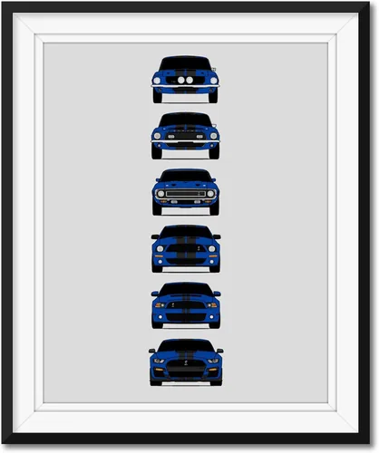 Vista 9 de Custom Car Posters Póster hecho a mano compatible con Shelby Mustang GT500 Generations e impresión de Ford Shelby GT500, azul con rayas blancas