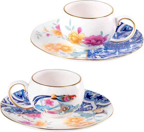 Vista 17 de KAMMAK Juego de 2 tazas de té y platillos, tazas de café de porcelana fina, tazas de café expreso apilables, demitasse de cerámica para café