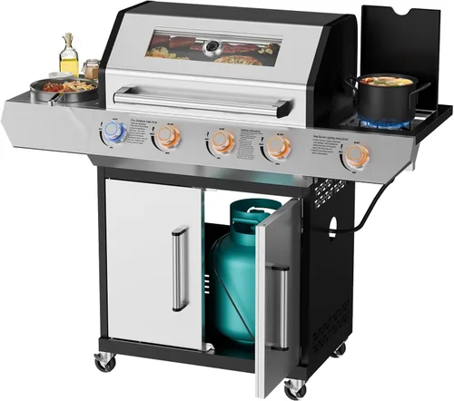 Vista 10 de SKOK Parrilla de gas propano de 4 quemadores con quemadores laterales y traseros infrarrojos, parrilla de barbacoa al aire libre con rejillas