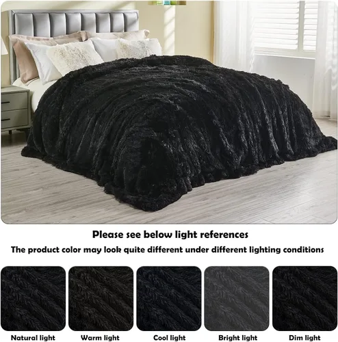 Vista 4 de GONAAP Manta de Tiro Difusa de Piel Sintética Negra Súper Suave Acogedora Felpa Difusa Peluda para Sofá Sillón Cama (Negro, Tiro(50"x60"))