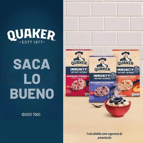 Vista 4 de Avena instantánea Quaker Immunity, paquete variado de 3 sabores, buena fuente de vitaminas C, D y zinc, granos enteros, sin sabores artificiales