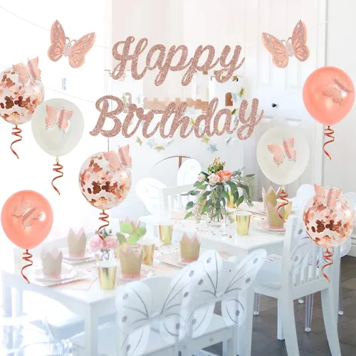 Vista 3 de Juego de decoraciones de mariposa de oro rosa, pancarta de feliz cumpleaños, decoración de pastel, calcomanías de pared 3D para suministros