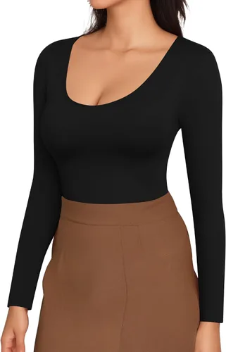 Vista 3 de MANGOPOP Body básico de manga larga con cuello redondo para mujer