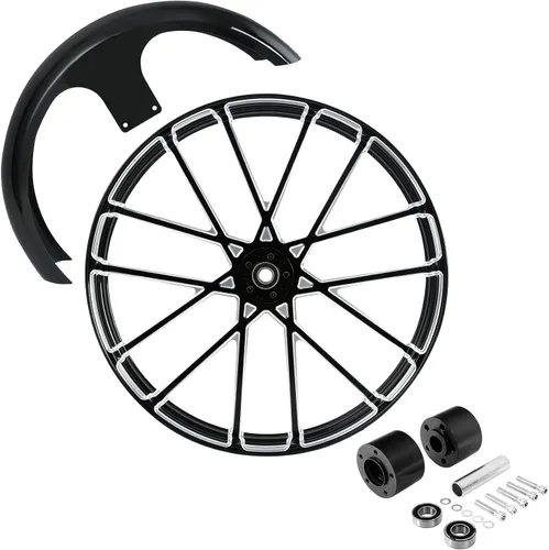 Vista 101 de TCMT Llanta de rueda delantera de 21", buje de rueda de brida de doble disco con guardabarros delantero negro sin pintar, compatible con modelos