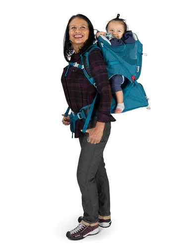 Vista 13 de Osprey Poco SLT Mochila Portabebés Ligera - Portabebés de Senderismo Compacto para Niños Pequeños con Arnés de Seguridad, Parasol y Panel Posterior