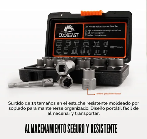 Vista 5 de Coobeast - Juego de extractor de pernos resistente, 13 piezas con adaptador de 3/8 pulgadas, para tuercas peladas, tornillos oxidados, redondeados