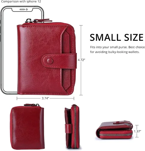 Vista 3 de Carteras pequeñas para mujer, con bloqueo RFID, de cuero, con cremallera, bolsillo para monedas, tarjetero, con ventana de identificación, Rojo vino
