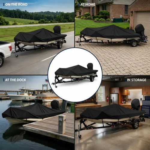 Vista 6 de Funda para Barco de 16-18 pies, Funda para Barco Bass 1200D, Fundas para Barco Resistentes e Impermeables con Funda para Motor y Kits de Drenaje