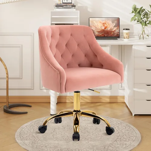 Vista 12 de Silla de Oficina para Hogar, Silla Giratoria de Terciopelo Ajustable con Decoración de Clavos, con Brazos, Silla de Tocador para Dormitorio