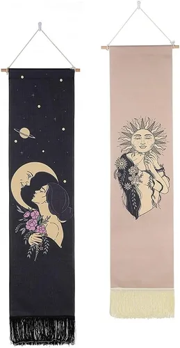 Vista 7 de Ochine Paquete de 2 tapices de fase lunar para colgar en la pared, tapices bohemios, fases blancas y negras, decoración del hogar para sala de estar