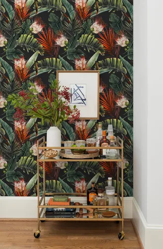 Vista 4 de HAOKHOME Papel tapiz removible con diseño floral de selva para despegar y pegar, papel de pared de vinilo negro/verde/rojo, papel de contacto, 17.7