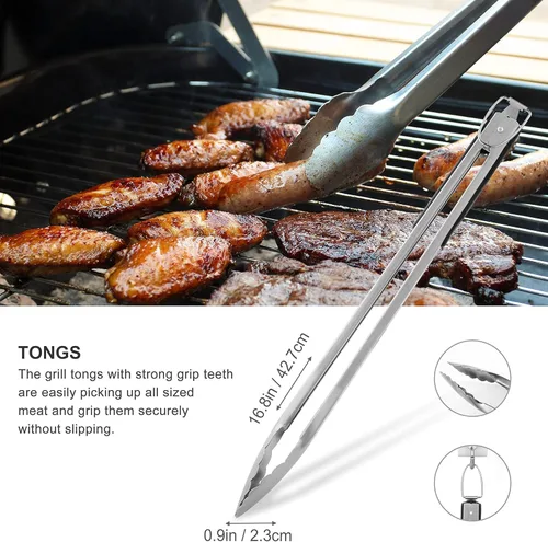 Vista 3 de Grilljoy Juego de 8 herramientas resistentes para parrilla BBQ con espátula de acero inoxidable extra gruesa, tenedor, pinzas y cepillo de limpieza