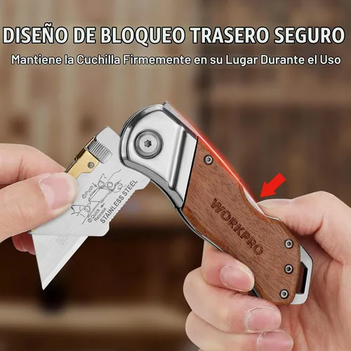 Vista 6 de WORKPRO Cuchillo utilitario plegable con clip para cinturón y cuchillas adicionales de 10 piezas, mango de madera, cortador resistente, cambio