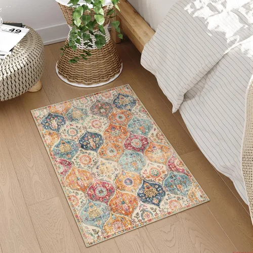 Vista 6 de Lahome - Alfombra marroquí antideslizante y lavable, pequeña alfombra oriental para dormitorio, cocina, entrada, baño, entrada, 61 x 91 cm, crema