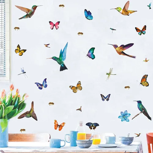 Vista 4 de 32 calcomanías de acuarela de mariposa y colibrí, calcomanías de pared de flor de libélula de abeja, decoración artística de pájaros voladores