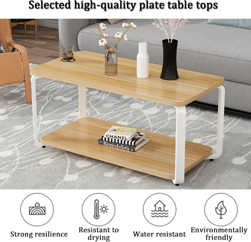 Vista 4 de YVYKFZD Mesa auxiliar de madera, mesa central de 2 niveles con patas de metal, mesa de té rectangular para sala de estar, mesa auxiliar de cóctel
