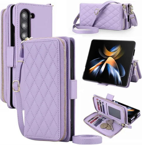Vista 27 de Compatible con Samsung Galaxy Z Fold 3 5G 2021 - Funda tipo cartera con cremallera y bloqueo RFID, correa para tarjetero, ranuras para tarjetas Rojo