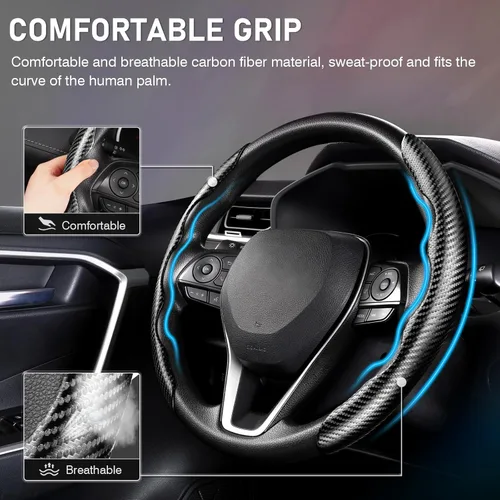 Vista 2 de Cartist Funda de volante de fibra de carbono, antideslizante, para hombres y mujeres, duradera, accesorio universal para automóvil (negro)