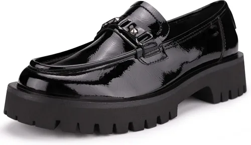 Vista 3 de ISOMEI Mocasines gruesos de tacón grueso para mujer, con plataforma de charol y cuero, con metal