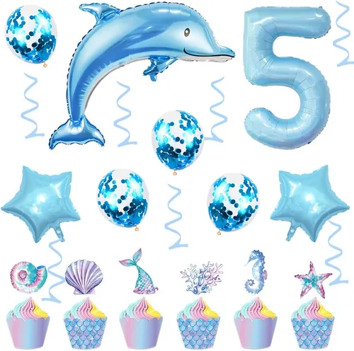 Vista 4 de Globos de cumpleaños de 5º delfín, globo gigante de papel de aluminio de delfín número 5, globos de Mylar de animales del océano para suministros