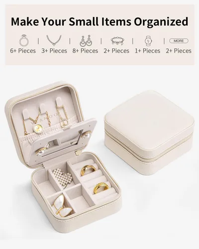 Vista 7 de Vlando Pequeño organizador de joyas de viaje, vitrina para niñas, mujeres, regalo anillos, aretes, collares, almacenamiento con espejo, color blanco