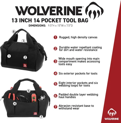 Vista 2 de WOLVERINE Tool Bag Tote Utility Roll Durable Nailhead Nylon, Adjustable Straps, and Versatile Pockets