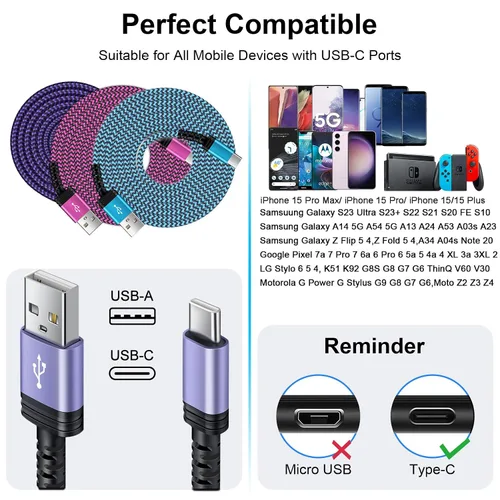 Vista 5 de Cable USB a USB C de 6 pies/Paquete de 3 para iPhone 17 16 15/15 Pro/15 Pro Max/15 Plus, cable de carga rápido USB A a USB tipo C para Samsung
