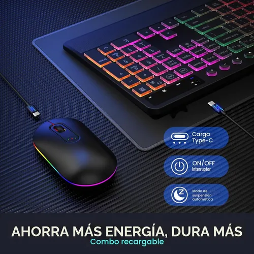 Vista 4 de Combo de teclado y mouse inalámbricos, mouse y teclado con retroiluminación RGB de doble sistema, recargable 2.4G, diseño ergonómico silencioso