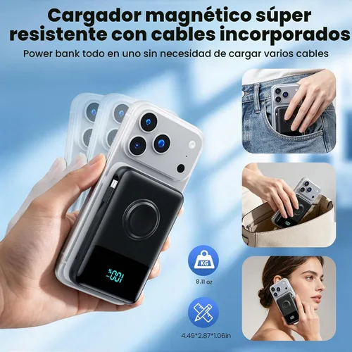 Vista 7 de Cargador portátil magnético para el iPhone, 10800mAh Power Bank Cables Negro
