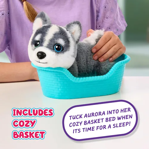 Vista 4 de Little Live Pets Mi cachorro realmente real Mini Aurora El Husky, juguete de peluche interactivo con cesta de exhibición, más de 20 sonidos
