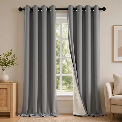 Vista 13 de 2 paneles de cortinas 100% opacas, de peso medio, con aislamiento térmico y ojales para dormitorio, sala de estar, tratamiento de ventana