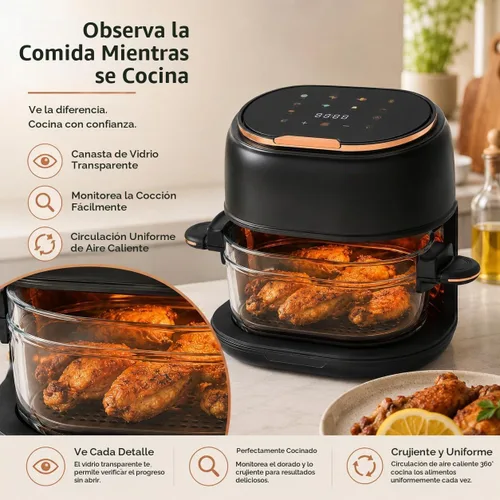 Vista 3 de Freidora de aire de 4.2 cuartos de galón con cesta de vidrio y pantalla táctil, cesta para hornear visible, freidora de aire pequeña, cocina sin