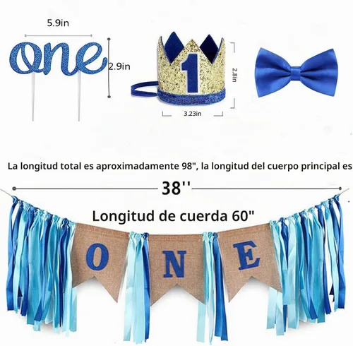 Vista 2 de Decoración de arpillera para el primer cumpleaños del bebé, pancarta para silla alta, corona hecha a mano, decoración de pastel, corbata