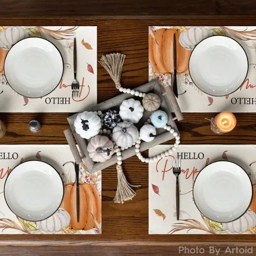 Vista 3 de Artoid Mode Juego de 2 manteles individuales de otoño de 12 x 18 pulgadas con diseño de hojas florales de calabaza naranja y calabaza