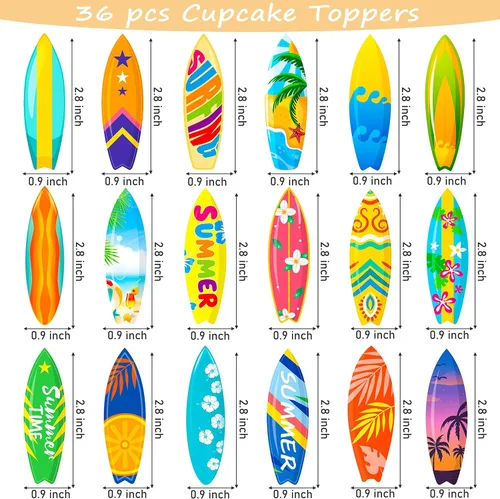 Vista 4 de 36 decoraciones para cupcakes para tablas de surf, piscina, decoración de fiesta de cumpleaños, playa, tabla de surf, decoración de cupcakes