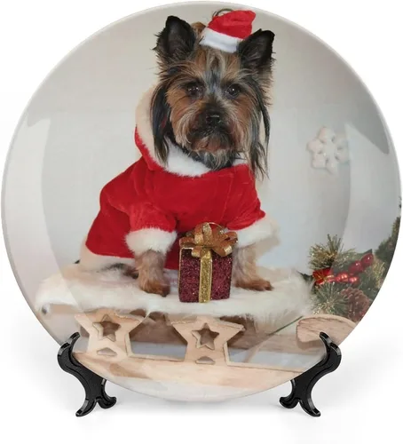 Vista 10 de Platos decorativos de Navidad para exhibición, Bulldog con sombrero de Papá Noel, divertidos platos de pared de cerámica de animales, platos